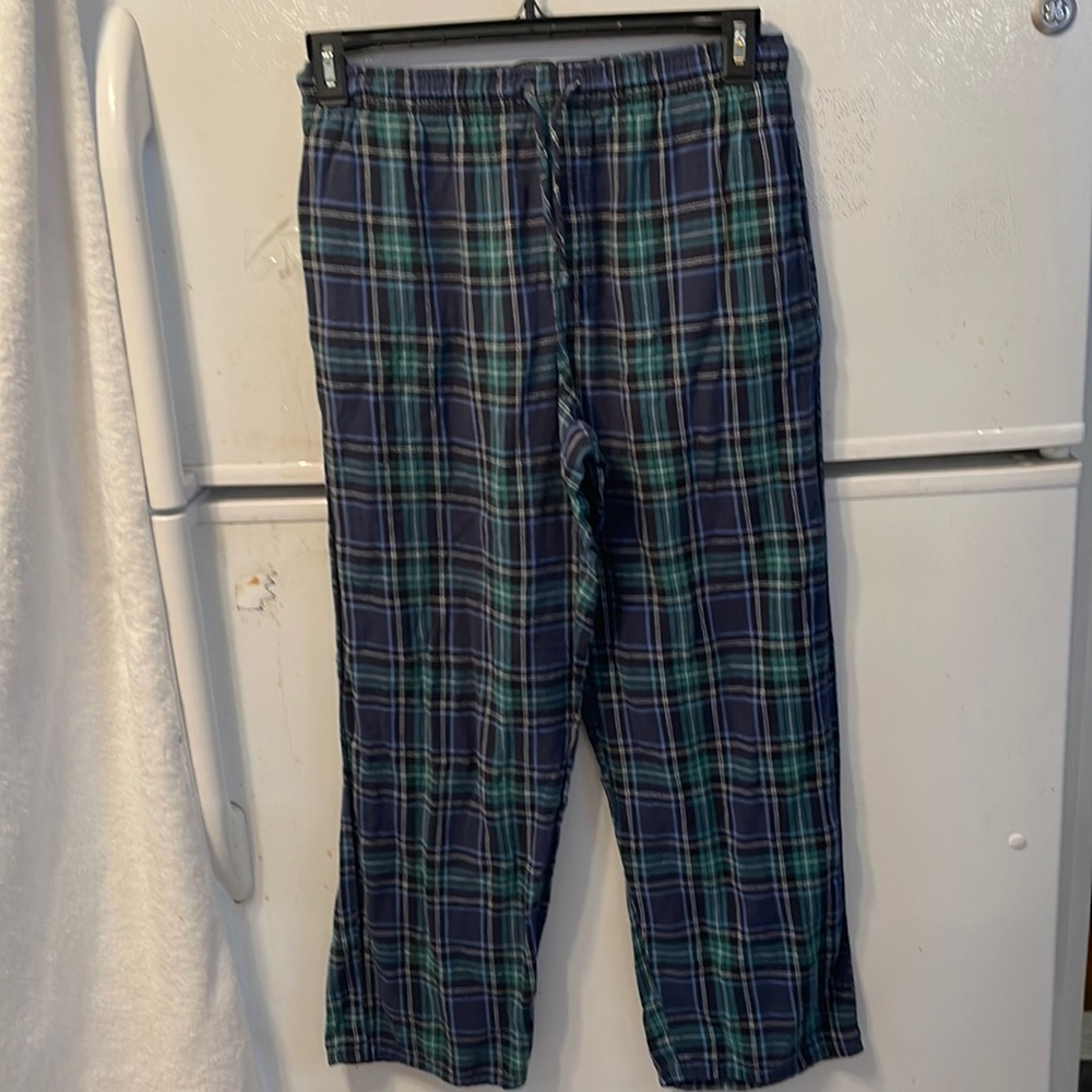 Vintage Cotton Flannel Lounge Pants Size Small (28-30) Green & Blue Plaid (24A)